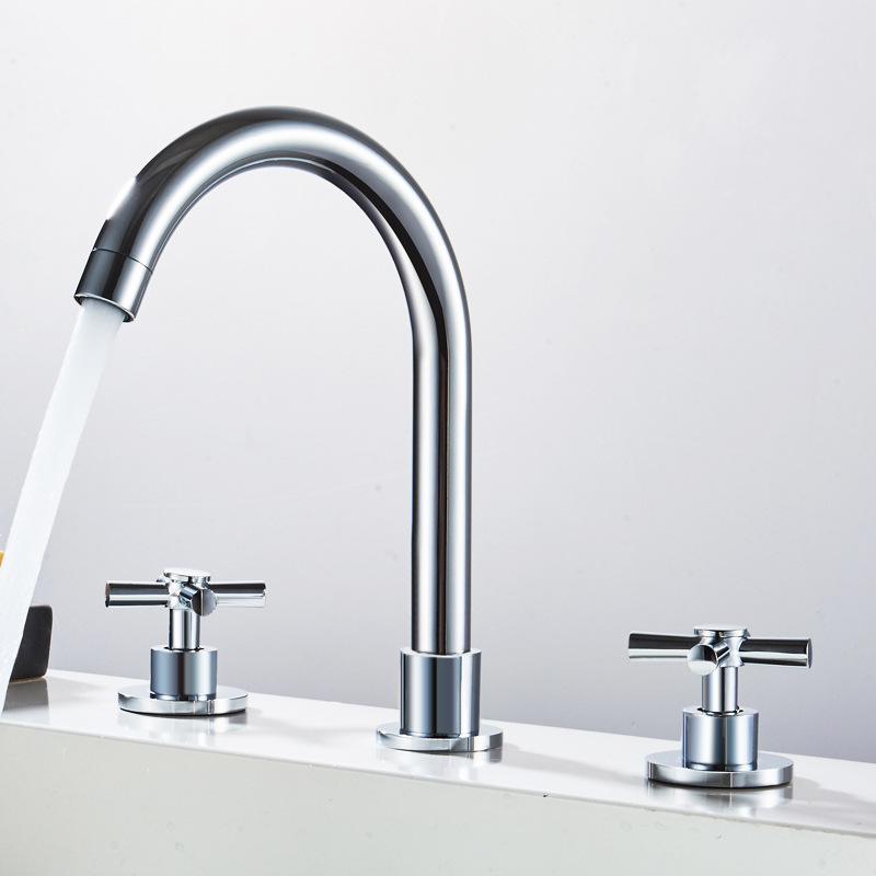 Rotating Bathtub Faucet, Edge-Mounted Bathroom Copper Three-Piece Set with Showerhead, Hot and Cold Water Faucet Set