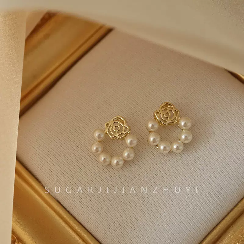 日常百搭甜美耳饰女法式复古气质温柔简约小巧玫瑰花朵珍珠耳钉女