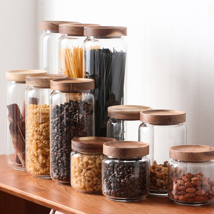 Acacia Wood Glass Sealed Jar Kitchen Grain Storage Jar Snack Storage Jar Coffee Bean Tea Jar Thickened Glass