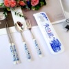 Blue and white tableware, box, set, chopsticks, spoon, fork, Birthday gift, 3 piece set, wholesale