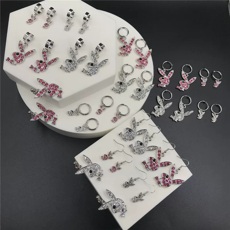 Кролик клип-уши серьги, нержавеющая сталь, кристалл из rhinestone, панк-хип-хоп стиль, без прокола