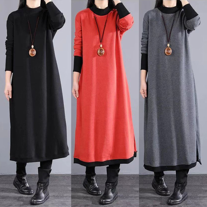 Artistic Loose-Fitting Patchwork Solid Color High-Neck Long-Sleeve Dress Women's Mid-Length Base Dress 2026 Autumn New Style