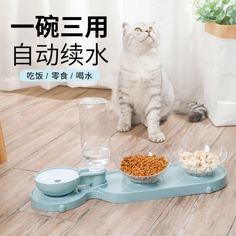 Cat Bowl Pet alimentador automático de agua potable transparente doble tazón de comida para gatos tazón de perro oblicuo protección del cuello de tres usos Pet Bowl