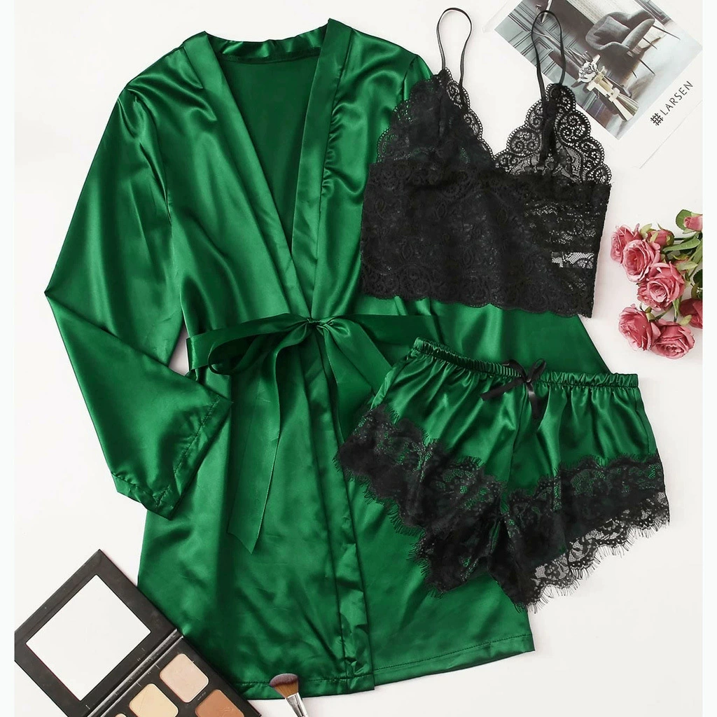 3-Piece Silk-Look Satin Pajama Set, Tube Top + Robe + Shorts, European Style, Lift Effect