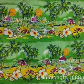 全棉印花面料 椰树印花面料 沙滩裤布料 绿色夏威夷风格印花布