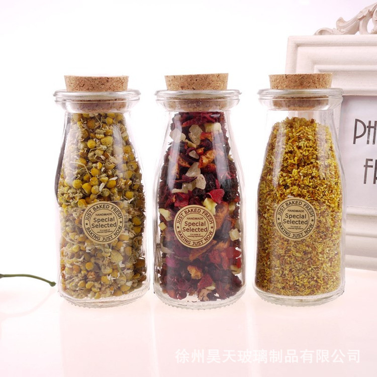 200ml茶叶罐软木塞花茶瓶子玻璃花茶包装 坚果罐厂家供应印刷logo