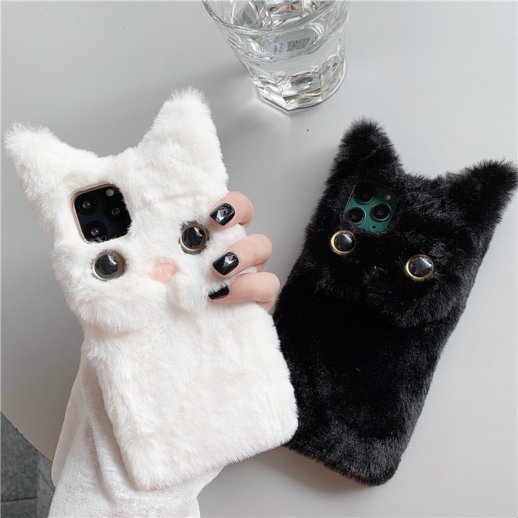 Iphone16 Mobile Phone Case Plush Cat Stereo Cartoon 13Mini Anti-Fall Apple 11 Protective Case 15 Suitable for 17
