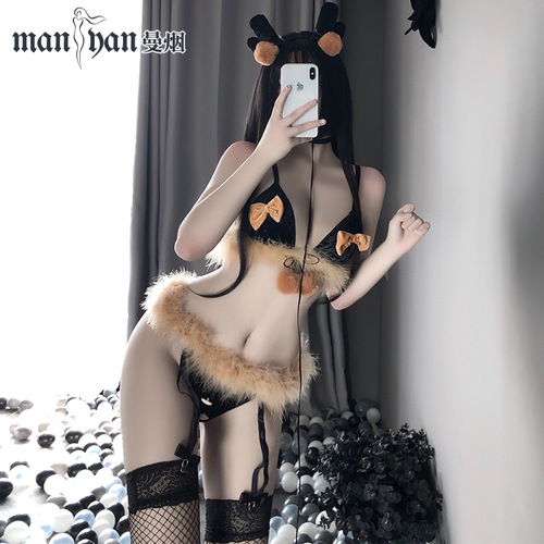 Manyan sexy lingerie sexy bow three-point plush elk Christmas series uniform delivery set 9891