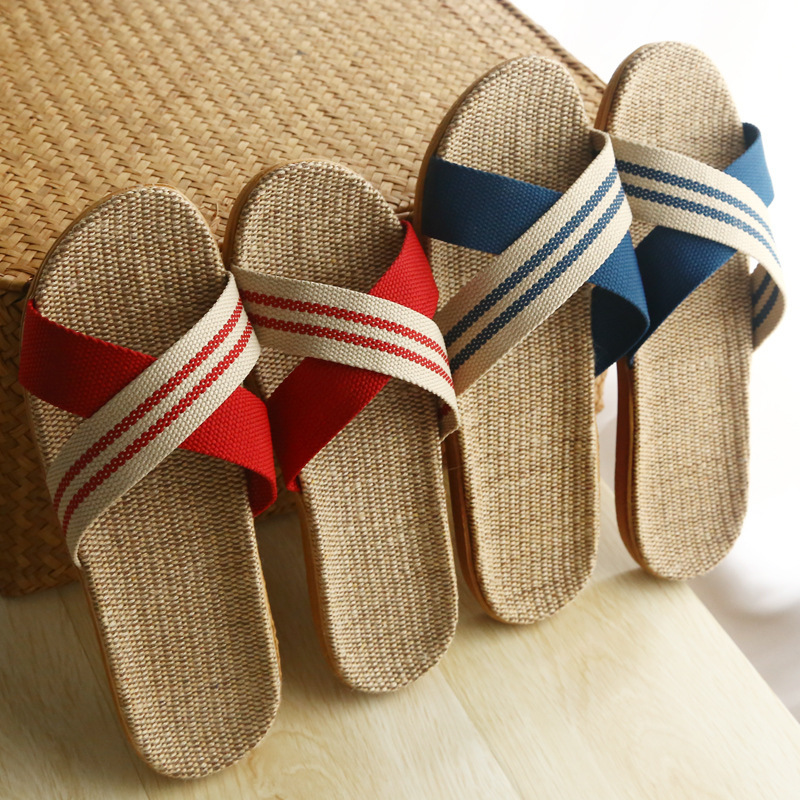 Cross Strap Linen Slippers Women's Summer Home Couple's Thick Bottom Non-Slip Indoor Soft Bottom Home Sandals and Slippers Men's Summer