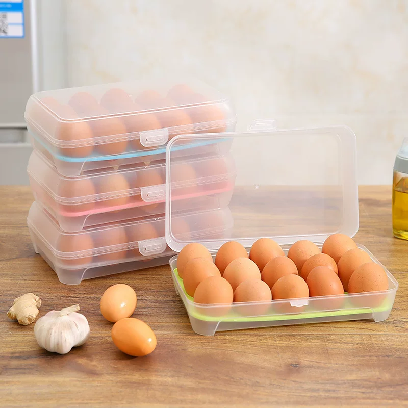 15‑cell plastic egg storage box, transparent single‑layer refrigerator container, portable anti‑collision