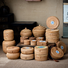 Handmade Mulberry Woven Pu'er Tea Canister Storage Box for Home with Lid, Seven Seeds Bucket 357g Tea Cake Packaging Box, Double Cake Canister