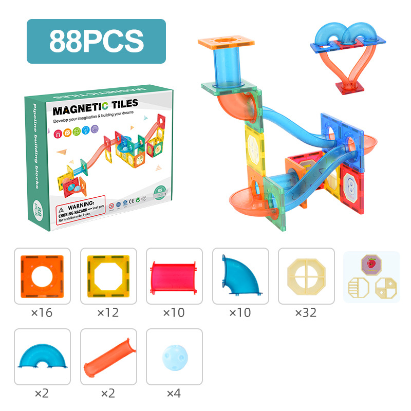 Bloques de construcción magnéticos con rieles de colores para ventanas, juguetes educativos para niños, 88 piezas, embalaje en caja de color en inglés para exportación.