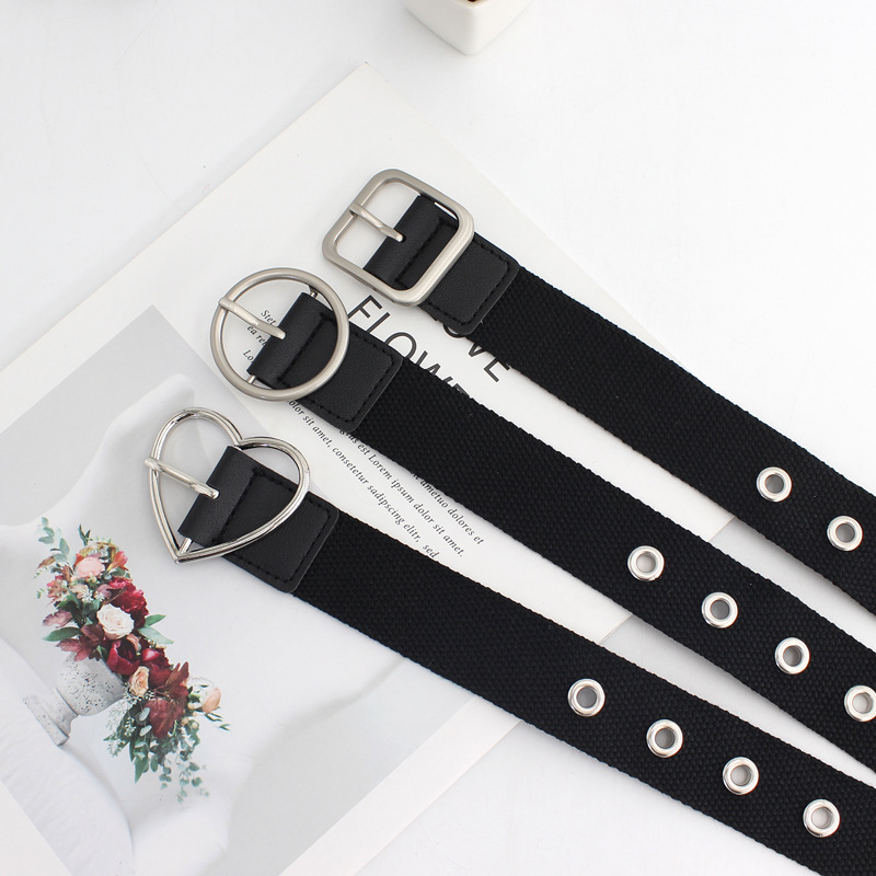 Cinturón de lona ancho de agujero de aire completo de las mujeres ins Estilo negro personalidad Hipster pantalones decorativos cinturón hombres todos-Match 3 estilos