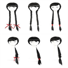 Fashion retro extended length oblique bangs braided ponytail full headdress Tiemei drama stage performance COS wig