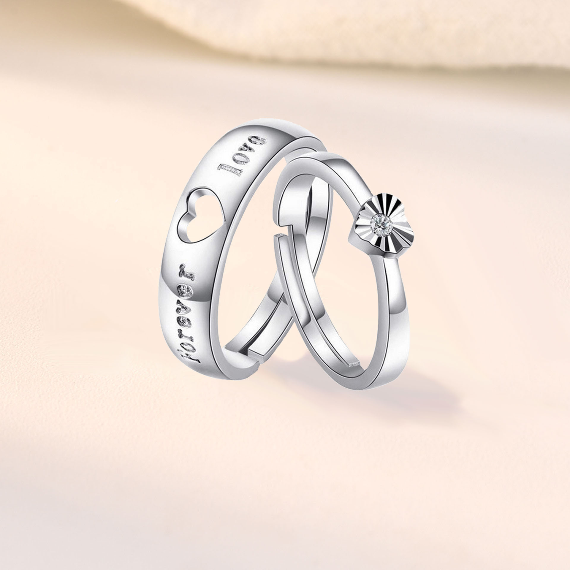 个性刻字英文情侣对戒爱心饰品开口素圈戒指纯银s925梅陇工厂批发