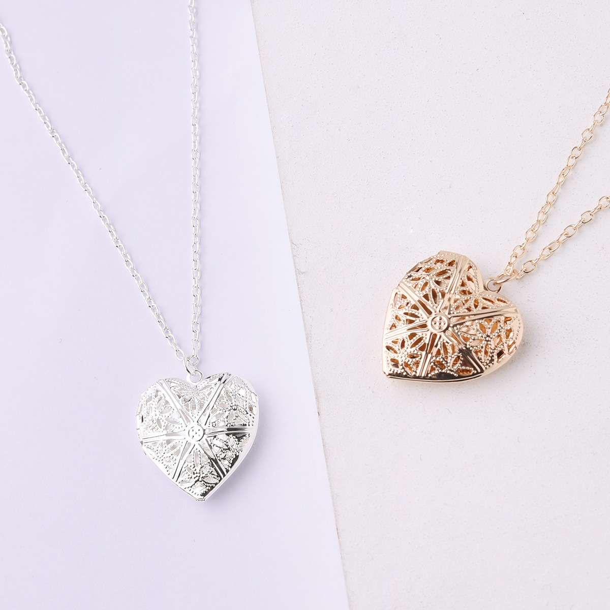 爱心可打开放小照片韩版镂空女通花桃心形相盒项链合金毛衣链批发