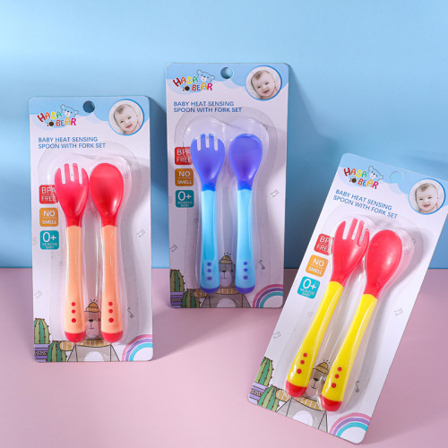 Baby temperature-sensitive color-changing fork spoon set anti-scald tableware set silicone spoon children spoon soft head baby feeding spoon wholesale