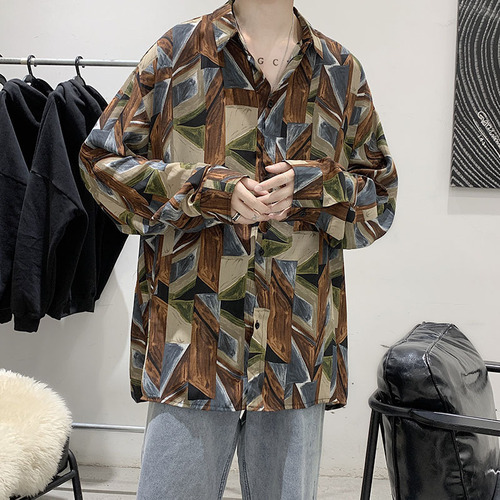 New autumn long-sleeved shirt for men Korean style trendy and versatile ins Hong Kong style loose casual and iron-free retro floral shirt