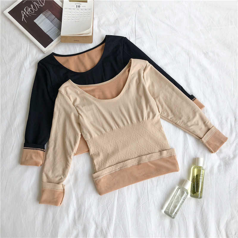Ropa interior térmica forrada de invierno para mujeres forrada de lana gruesa térmica manga larga cuello redondo camisa de fondo engrosada ropa interior térmica manga larga