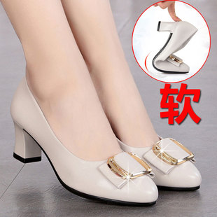 Mother's Shoes Single-layer Shoes Comfortable Soft Sole Women's 2020 New Spring and Autumn Women's Shoes Middle-aged Middle-aged and Elderly Shoes Middle-heeled Leather Shoes