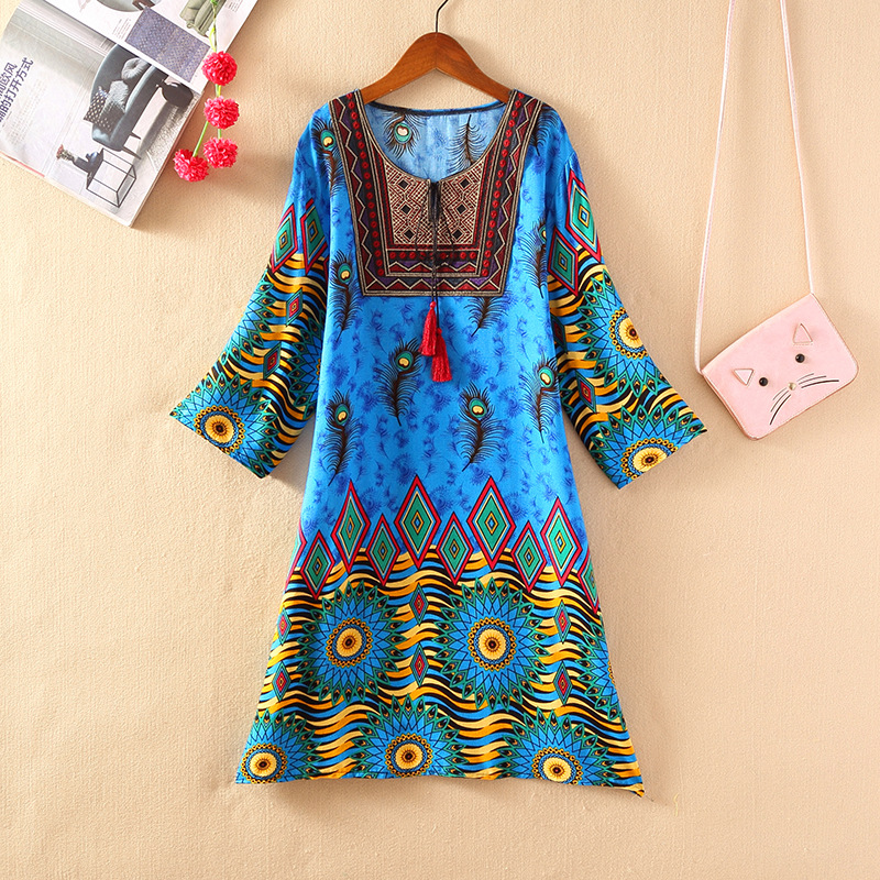 タイ風Aラインコットンワンピース、夏向け、クロスボーダーコットンシルクワンピース、アーティスティックレトロエスニック風婦人服
