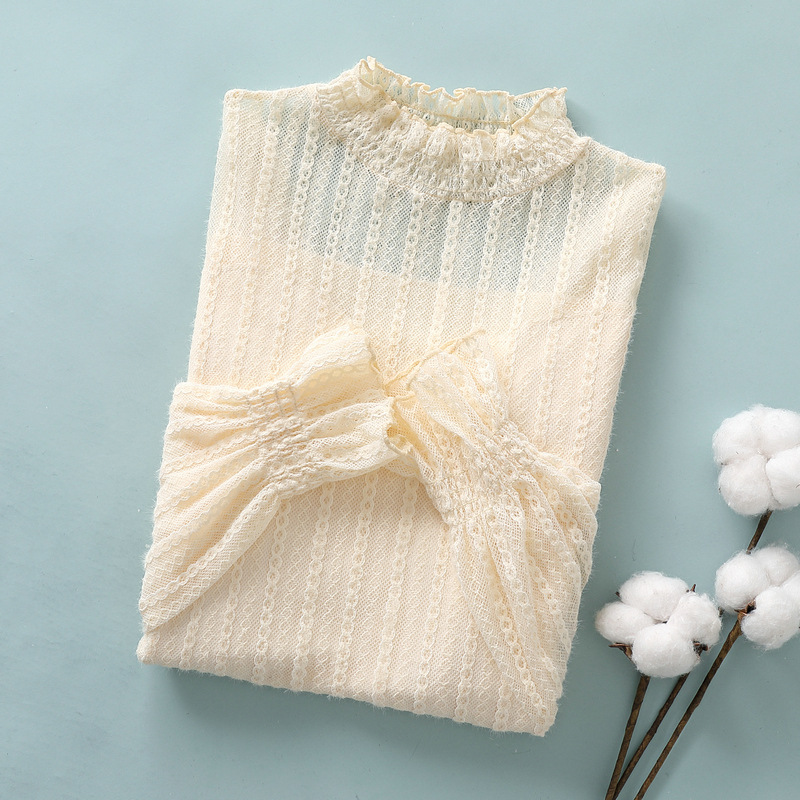 Fleece-lined Thickened Lace Base Shirt Women's Autumn and Winter New High Neck Stylishness Small Shirt Brushed Warm Mesh Top