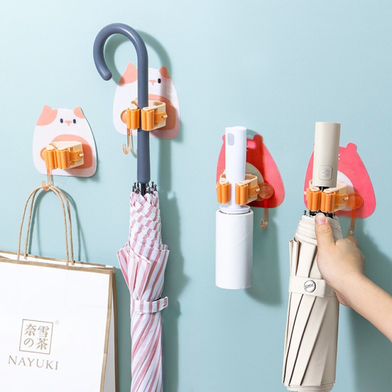 Roller Mop Holder Wall-Mounted No-Drill Kitchen Storage Rack Bubble Bear Mop Clip Traceless Hook Wall Mount