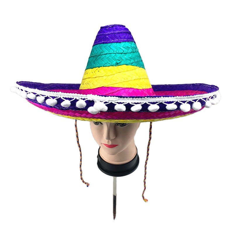 Sombrero mexicano sombrero de paja de bambú sombrero colorido sombrero de paja de fiesta sombrero de rendimiento accesorios de bola pompón sombrero de paja