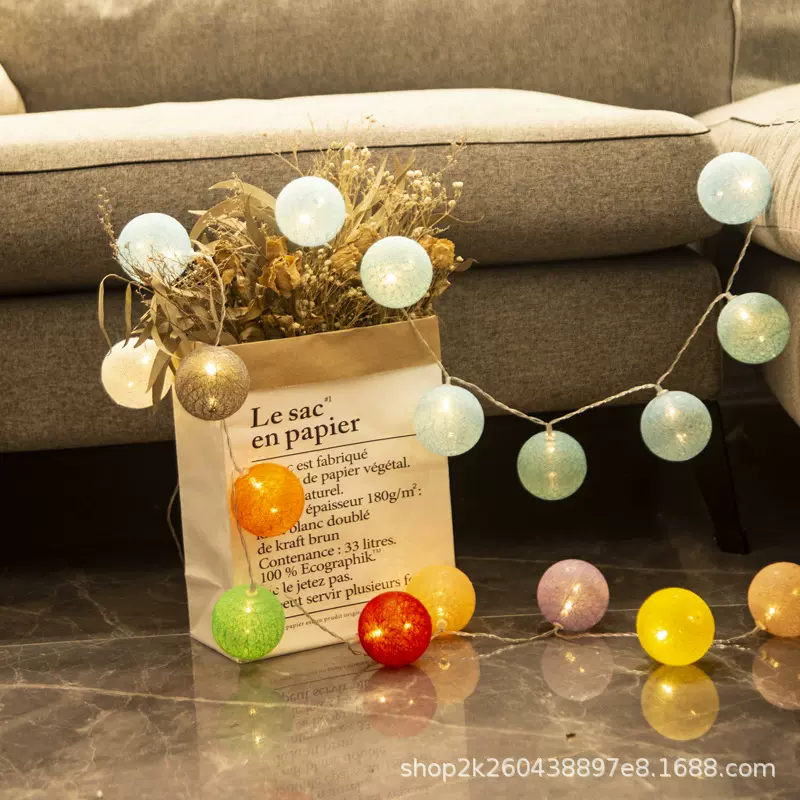 厂家直供LED棉线球灯10灯4cm多色ins房间浪漫圣诞装饰小彩灯串