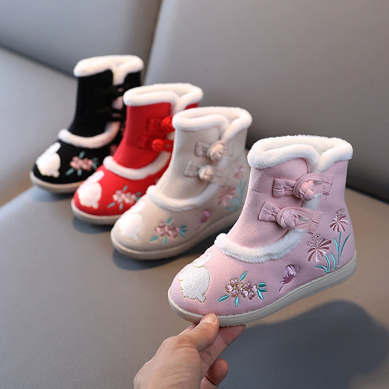 Осенне-зимние новые ботинки на флисовой подкладке для девочек, детская стеганая обувь с вышивкой, старинная одежда ханьфу, детские ботинки для маленьких принцесс ханьфу для девочек