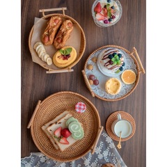 Vietnamese Rattan Woven Tray Basket Round Tray Double-Eared Bamboo Woven Fruit Plate Weaving Basket