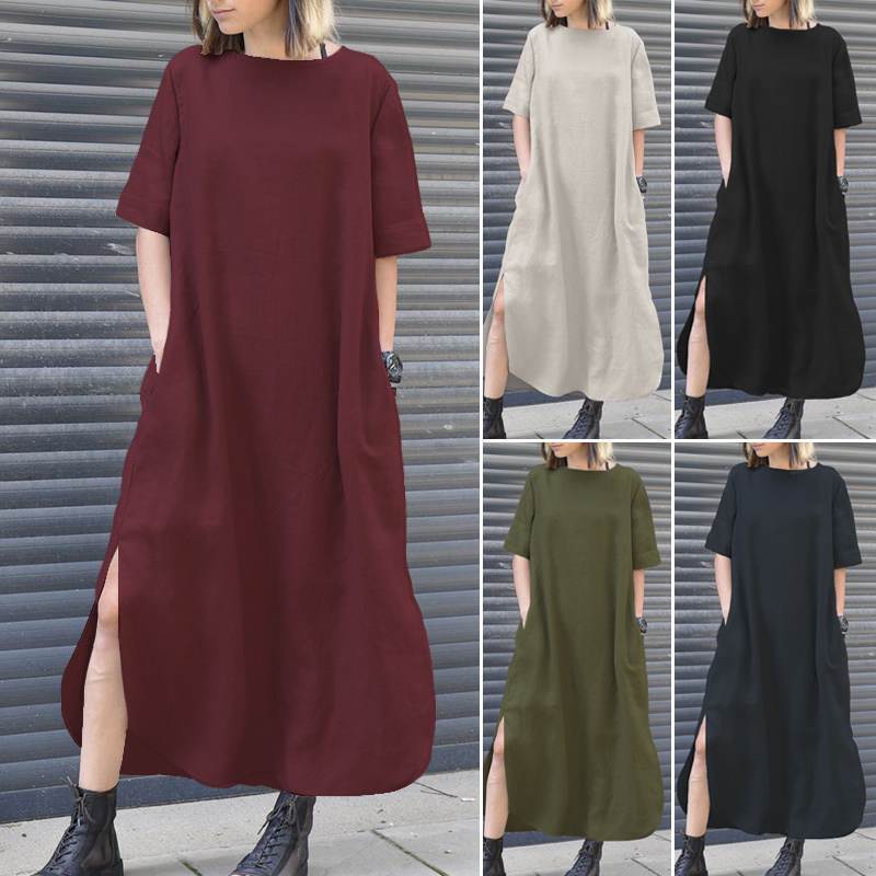 2022 AliExpress Amazon cross-border cotton and linen round neck hem irregular long loose casual dress in stock