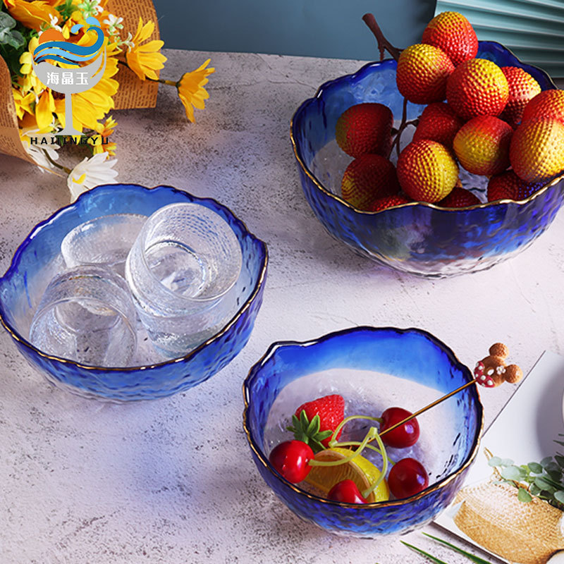 Haijing Jade vajilla ins estilo dorado borde martillo patrón hogar ensaladera de vidrio estilo japonés sala de estar creativa plato de fruta transparente