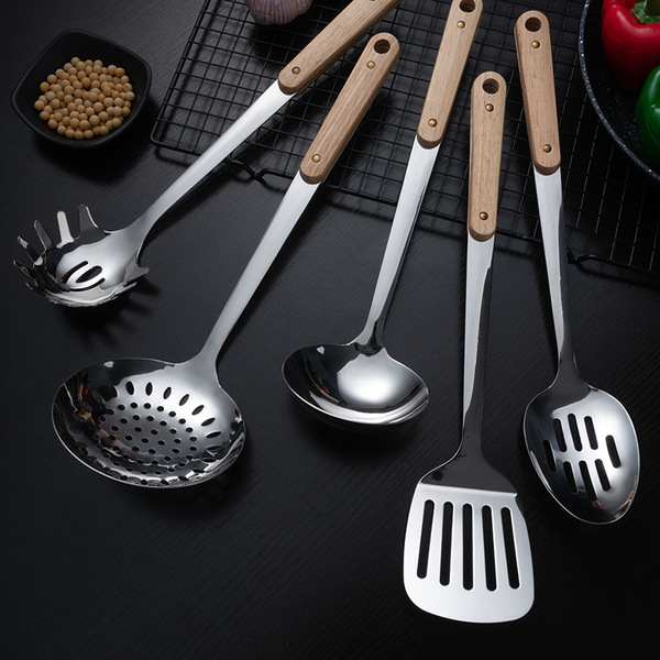 Stainless steel spatula 304 Kitchenware set Household wooden handle…