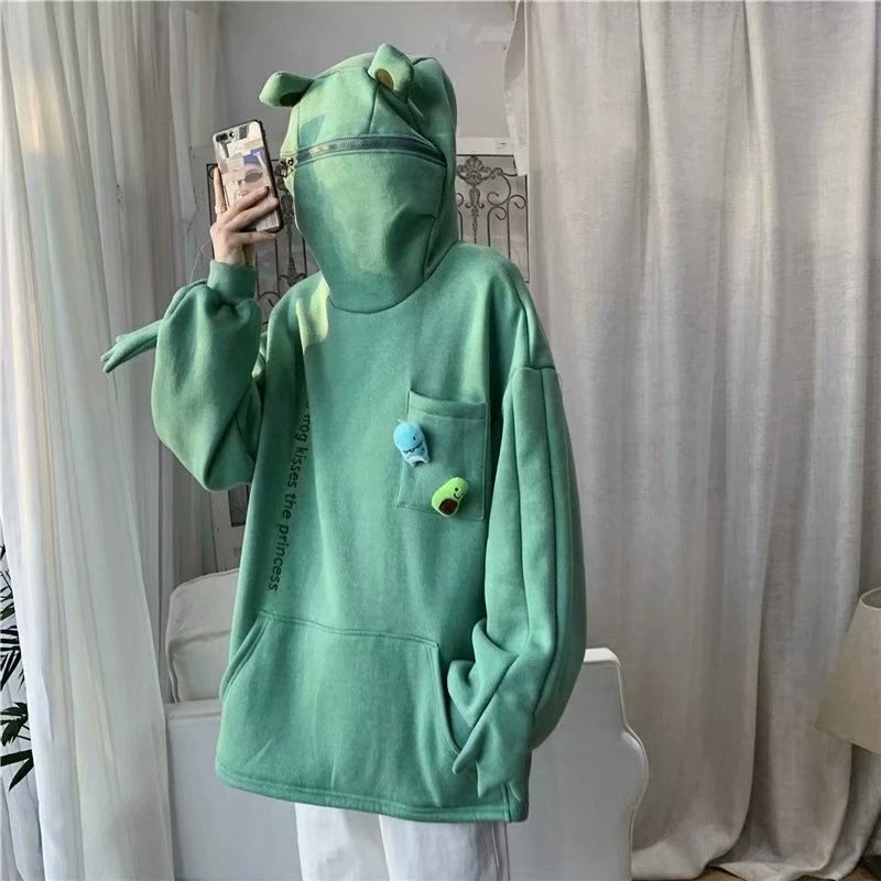Hooded Sweatshirt for Men and Women Harajuku Style Pullover Loose Doll Autumn and Winter Frog Fleece-Lined Zipper Casual Couple Jacket