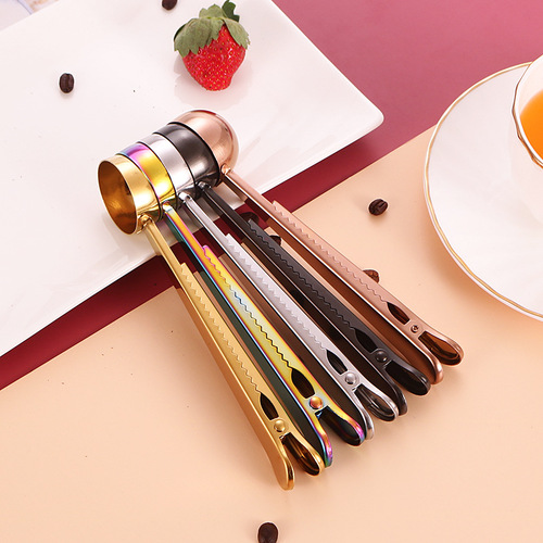 Stainless steel coffee spoon measuring spoon with clip multifunctional food sealing clip milk powder spoon food bag sealing clip