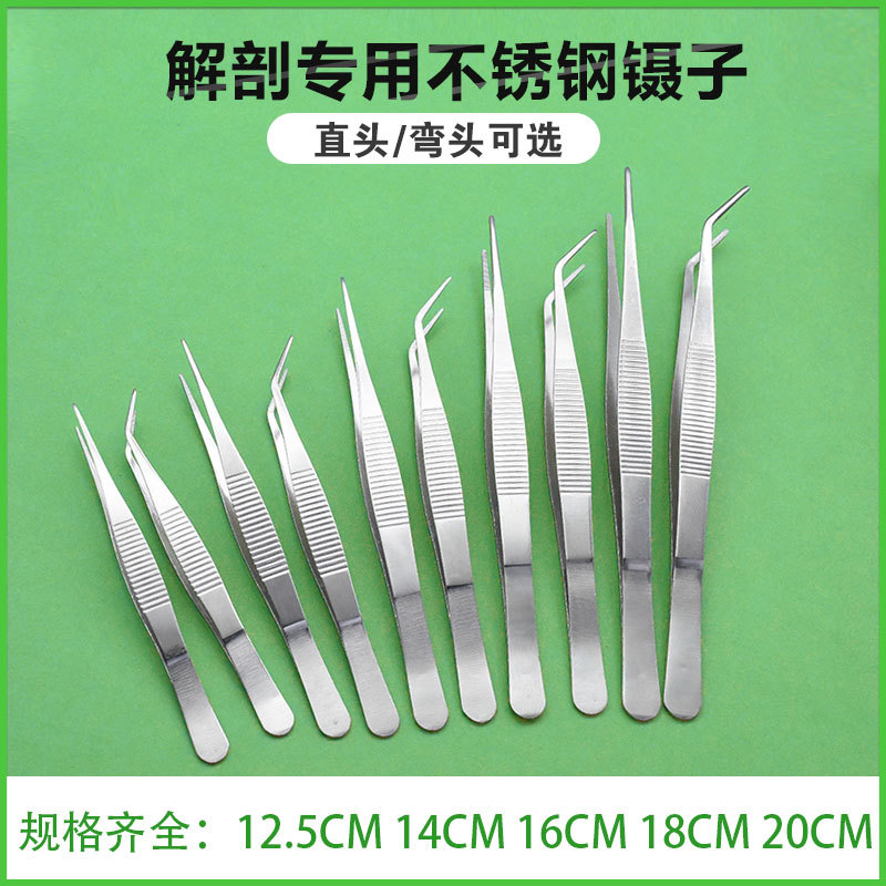 尖嘴解剖镊子不锈钢工具直超细尖头12.5 14 16 18 20cm敷料夹实验