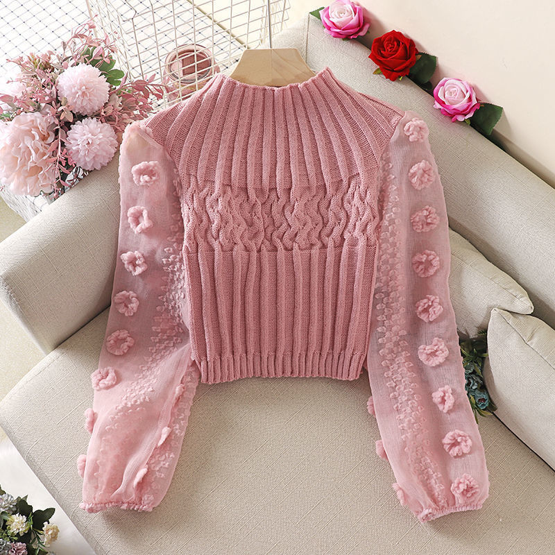 Korean Style Knitwear New Hot Style Shirt Puff Sleeve Sweet Flower Half High Collar Short Coat Autumn and Winter Base Shirt for Women Korean Style Knitwear New Hot Style Shirt Puff Sleeve Sweet Flower Half High Collar Short Coat Autumn and Winter Base Shirt for Women