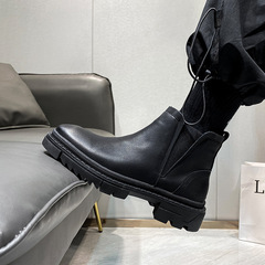 Martin boots men's height-increasing short boots thick-soled Chelsea boots high-top men's shoes black plush leather boots S52-Internet celebrity picture