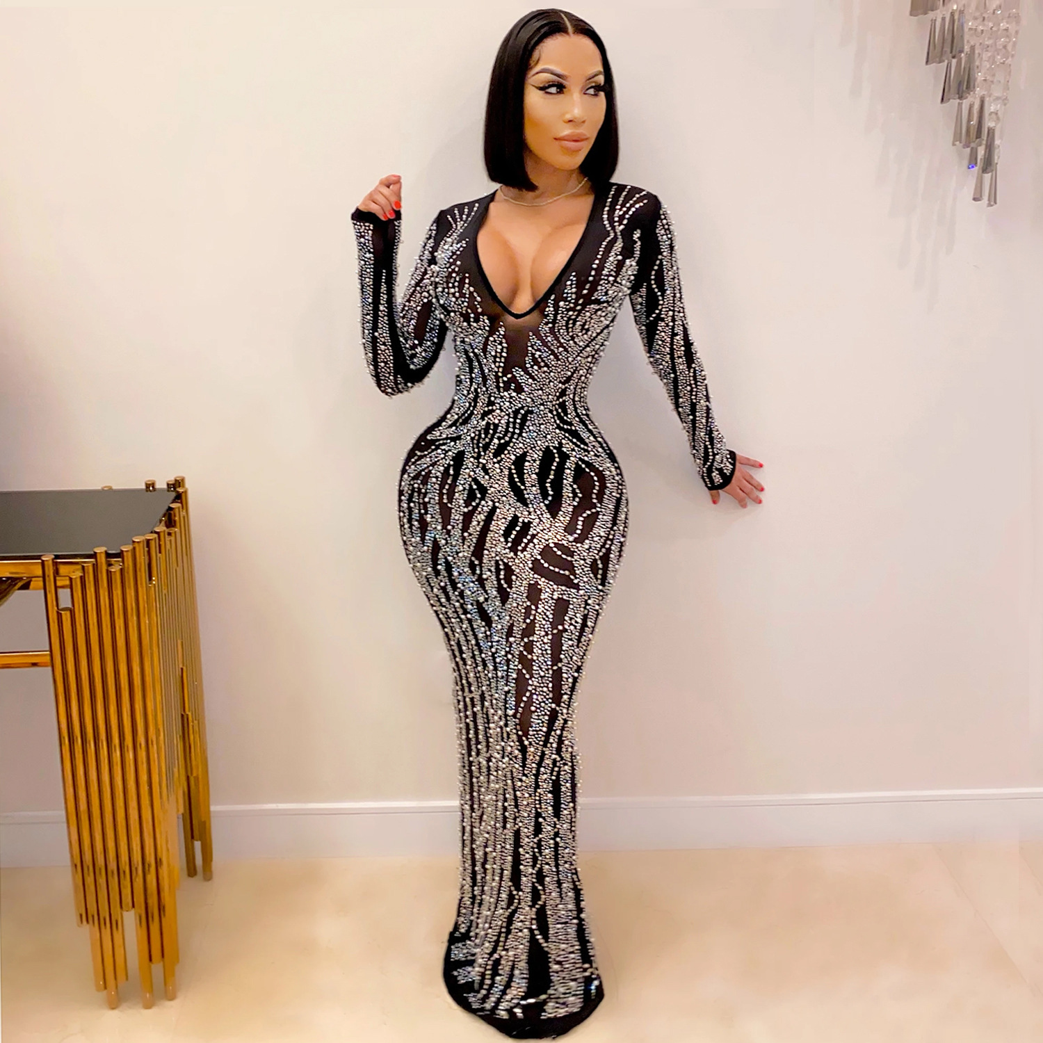 X5002 transfronterizo europeo y americano nuevo club nocturno sexy rhinestone diamante incrustado malla transparente brillante vestido de mujer image 4