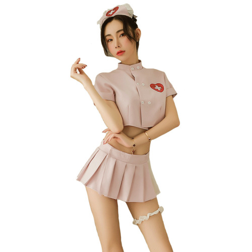 Manyan sexy lingerie, feminine, sweet, see-through short top, pleated skirt, nurse uniform suit, drop shipping 9752