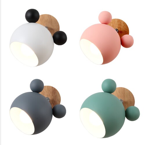 Nordic creative macaron wall lamp, simple and personalized bedroom, Mickey log cartoon, warm children's room bedside lamp