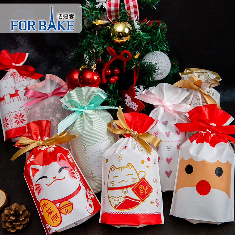 法焙客牛轧糖抽绳包装袋圣诞节老人麋鹿果饼干雪花酥束口袋10枚