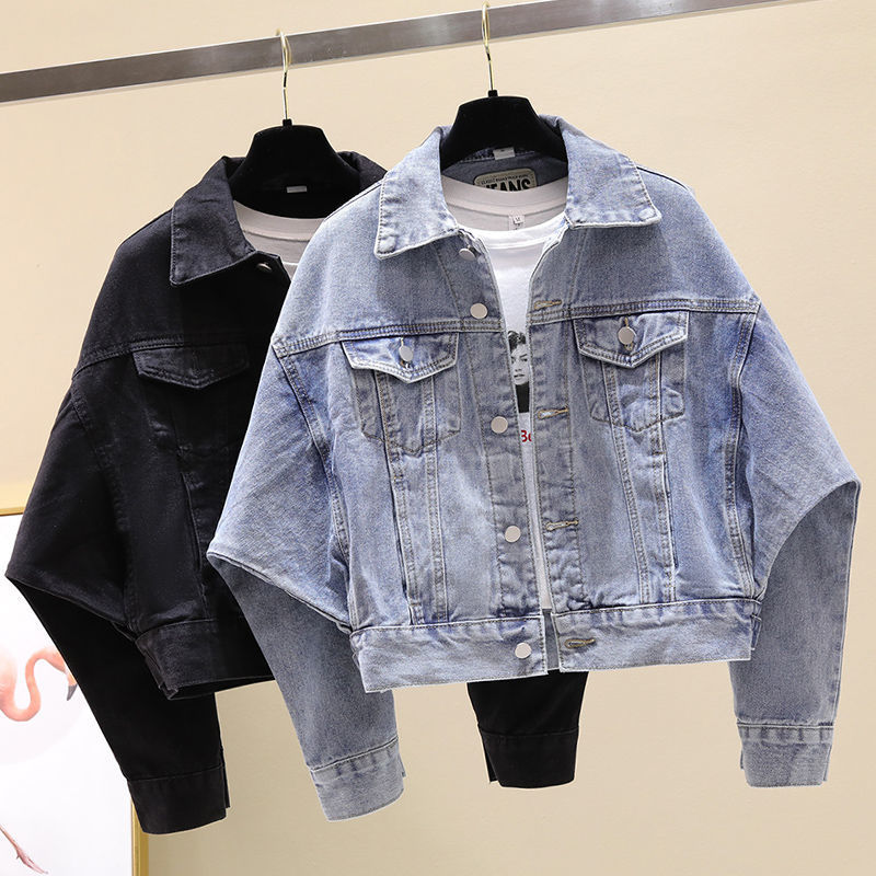 Women's Black Batwing Sleeve Short Denim Jacket, 2020 Spring/Autumn New Korean Style Loose BF Style Hong Kong Style Student Jacket Trendy