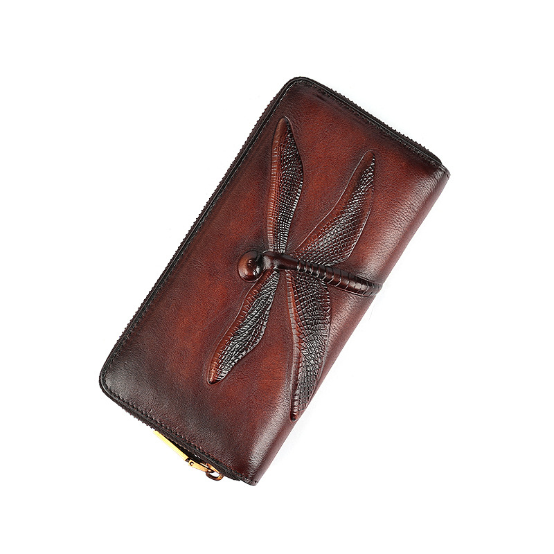 Cartera vintage de cuero de vaca de primera capa con relieve de libélula, cartera larga tipo clutch de cuero genuino de gran capacidad para mujer, tarjetero.