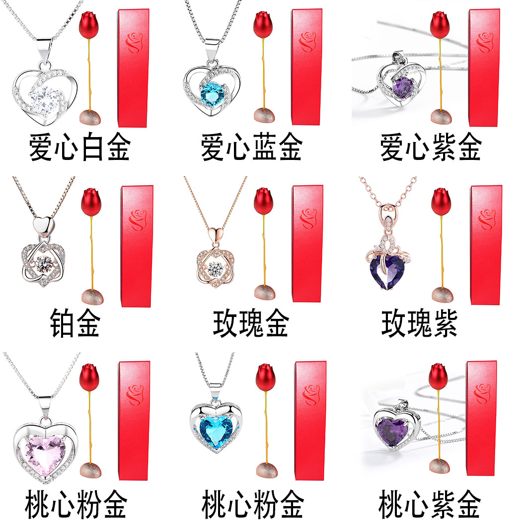 Nuevo colgante de diamante de cristal azul púrpura en forma de corazón elegante Rose cabeza collar joyero regalo de San Valentín