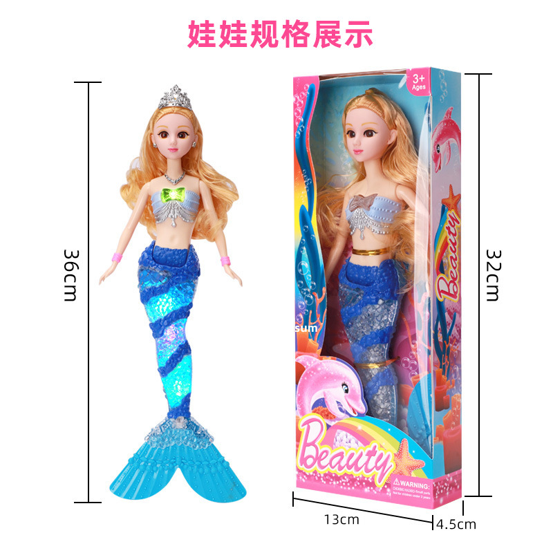 Fábrica al por mayor nuevos niños sirena juguete música ligera sirena princesa Barbie muñeca traje caja de regalo