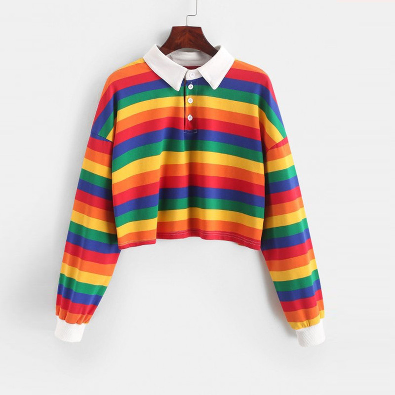 Rainbow striped polo collar long sleeve T-shirt women's 2024 spring and autumn casual short jacket European and American women's clothing a generation of hair