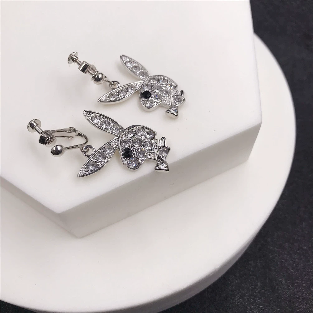Кролик клип-уши серьги, нержавеющая сталь, кристалл из rhinestone, панк-хип-хоп стиль, без прокола