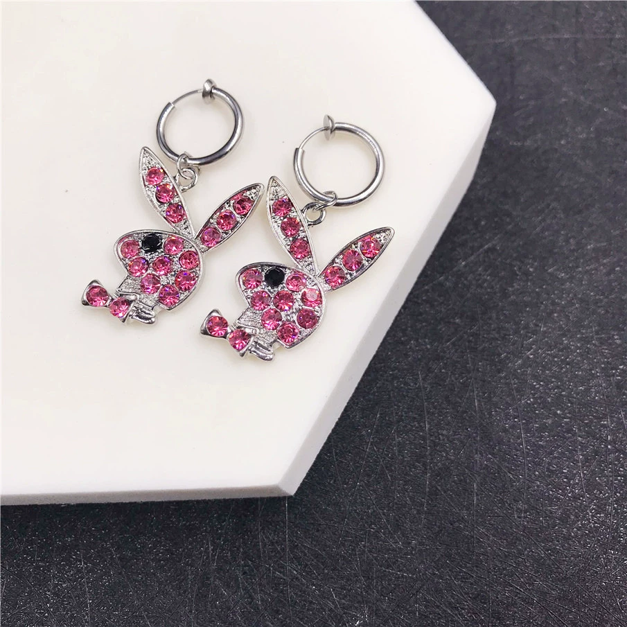 Кролик клип-уши серьги, нержавеющая сталь, кристалл из rhinestone, панк-хип-хоп стиль, без прокола